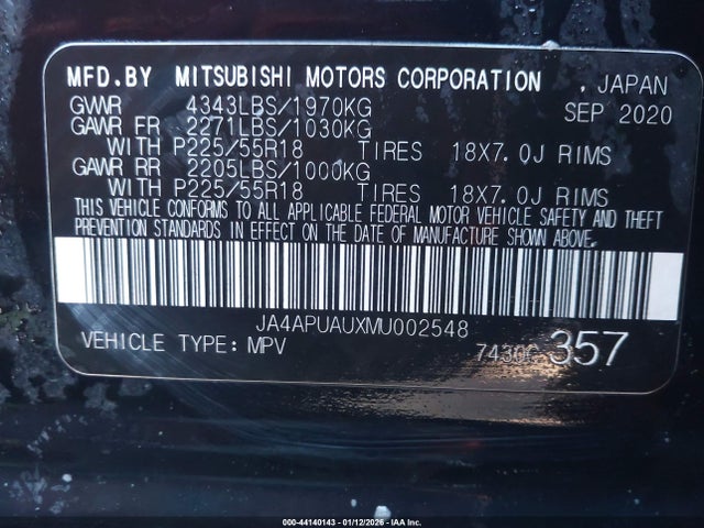 Aukcja sprzedaży 2021 Mitsubishi Outlander Sport 2.0 Be 2wd/2.0 Es 2wd/2.0 Le 2wd/2.0 S 2wd, vin: JA4APUAUXMU002548, numer aukcji: 44140143