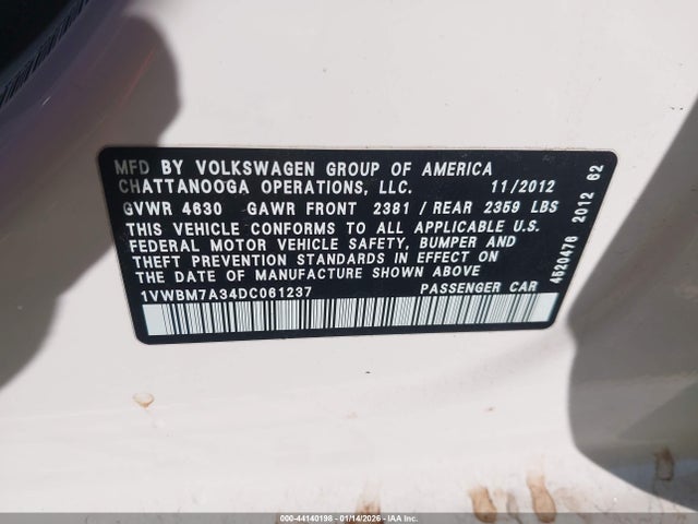 44140198 :رقم المزاد ، 1VWBM7A34DC061237 vin ، 2013 Volkswagen Passat 3.6l V6 Se مزاد بيع