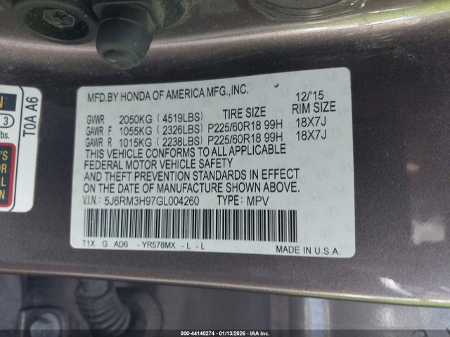 Honda Cr-v Touring 2016 5J6RM3H97GL004260 Image 9