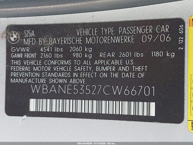 Продаж на аукціоні авто 2007 Bmw 525i, vin: WBANE53527CW66701, номер лоту: 44140286