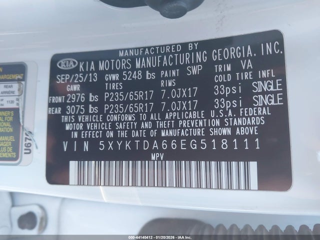 5XYKTDA66EG518111 KIA SORENTO LX