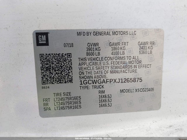 1GCWGAFPXJ1265875 Chevrolet Express 2500 Work Van