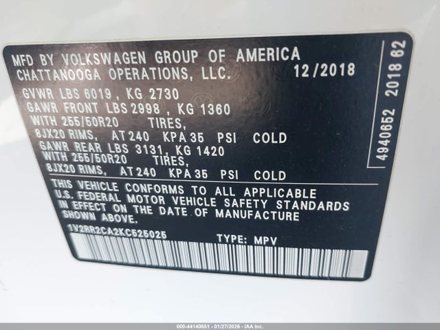 1V2RR2CA2KC525025 Volkswagen Atlas 3.6l V6 Sel R-line