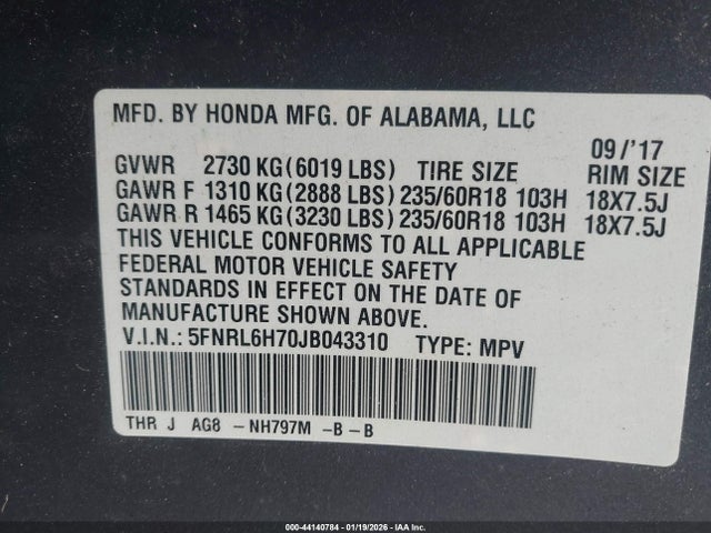 Honda Odyssey Ex-l 2018 5FNRL6H70JB043310 Image 9