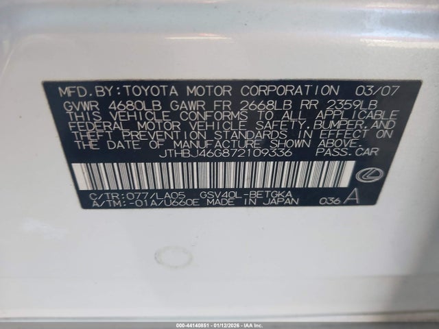 Aukcja sprzedaży 2007 Lexus Es 350, vin: JTHBJ46G872109336, numer aukcji: 44140851