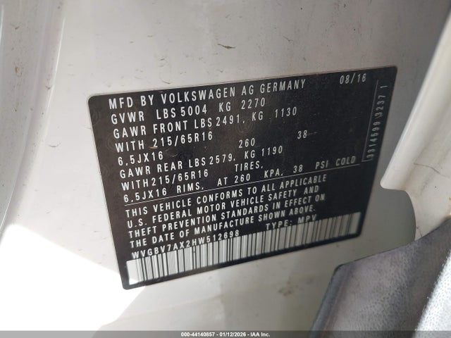 WVGBV7AX2HW512698 Volkswagen Tiguan 2.0t S