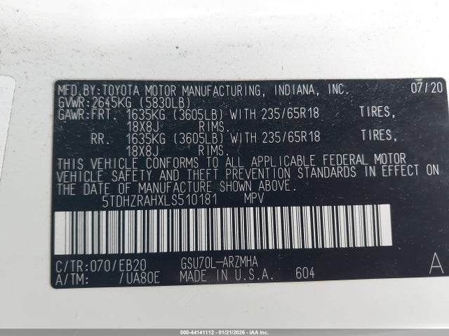 5TDHZRAHXLS510181 Toyota Highlander Xle