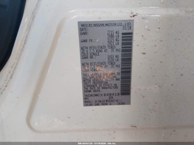 2018 Nissan Pathfinder Sl მანქანა იყიდება აუქციონზე, vin: 5N1DR2MM2JC648418, აუქციონის ნომერი: 44141124