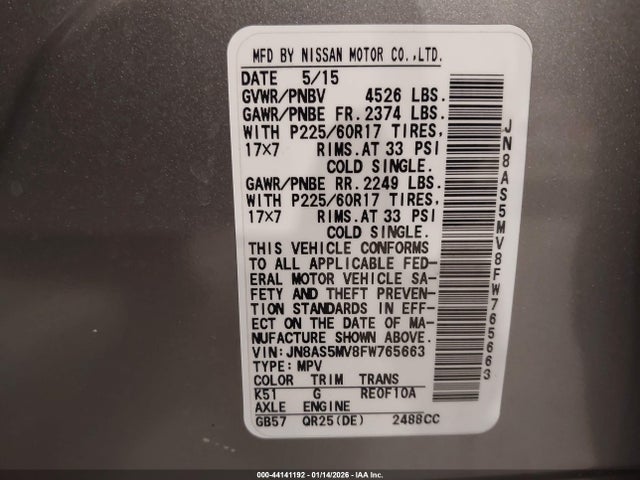 JN8AS5MV8FW765663 Nissan Rogue Select S