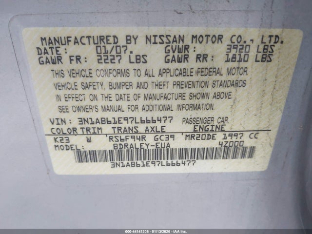 44141206 :رقم المزاد ، 3N1AB61E97L666477 vin ، 2007 Nissan Sentra 2.0s مزاد بيع
