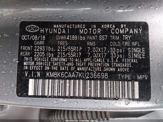 44141219 :رقم المزاد ، KM8K6CAA7KU236698 vin ، 2019 Hyundai Kona Sel مزاد بيع