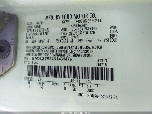 2019 Ford Transit Connect Xl მანქანა იყიდება აუქციონზე, vin: NM0LS7E24K1431476, აუქციონის ნომერი: 44141229