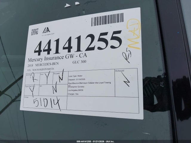 Aukcja sprzedaży 2018 Mercedes-benz Glc 300 4matic, vin: WDC0G4KB3JV044526, numer aukcji: 44141255