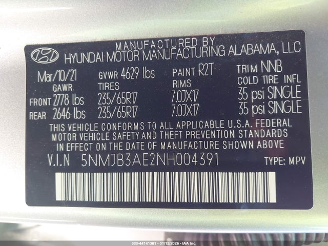 5NMJB3AE2NH004391 Hyundai TUCSON SEL