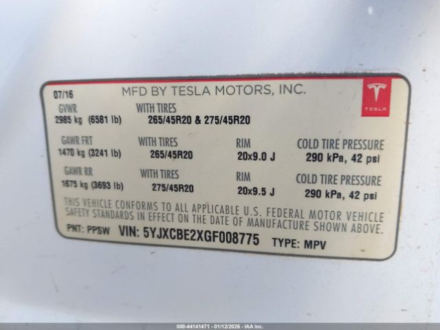 2016 TESLA MODEL X 5YJXCBE2XGF008775 Photo 8