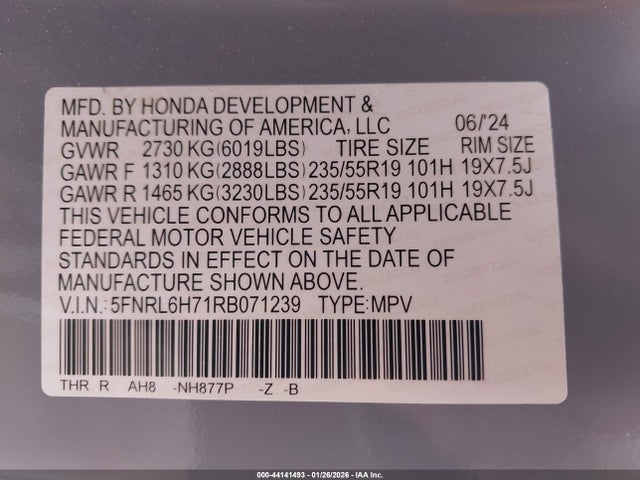 2024 HONDA ODYSSEY 5FNRL6H71RB071239 Photo 8