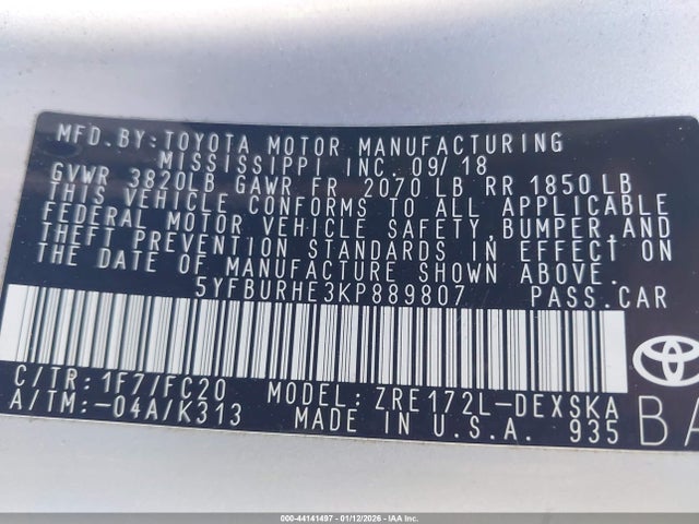 5YFBURHE3KP889807 Toyota COROLLA SE