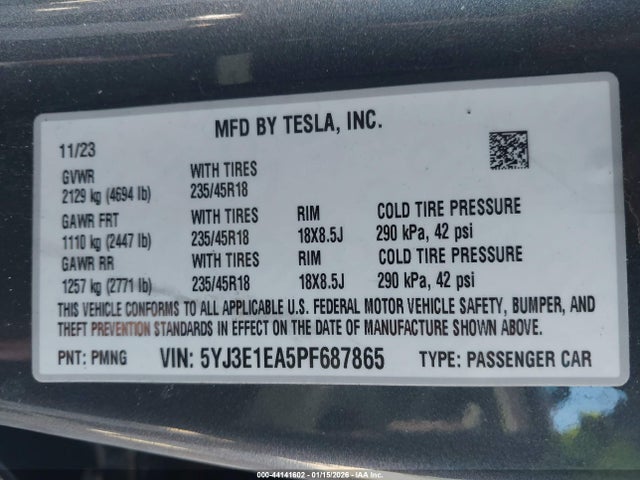 Aukcja sprzedaży 2023 Tesla Model 3 Rear-wheel Drive, vin: 5YJ3E1EA5PF687865, numer aukcji: 44141602