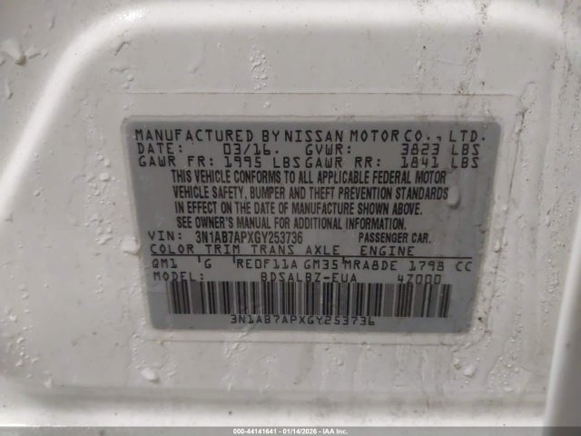 Aukcja sprzedaży 2016 Nissan Sentra Fe+ S/s/sl/sr/sv, vin: 3N1AB7APXGY253736, numer aukcji: 44141641