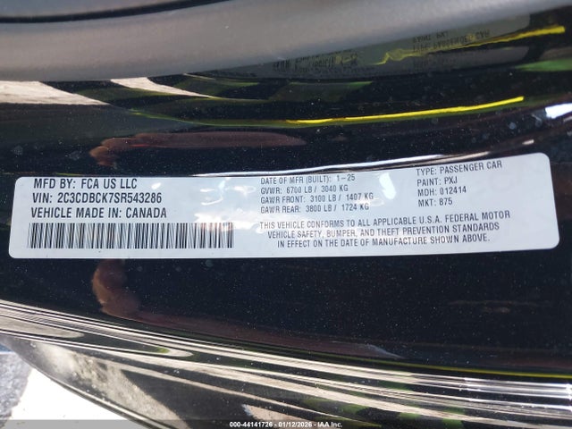 44141726 :رقم المزاد ، 2C3CDBCK7SR543286 vin ، 2025 Dodge Charger Daytona R/t Awd مزاد بيع