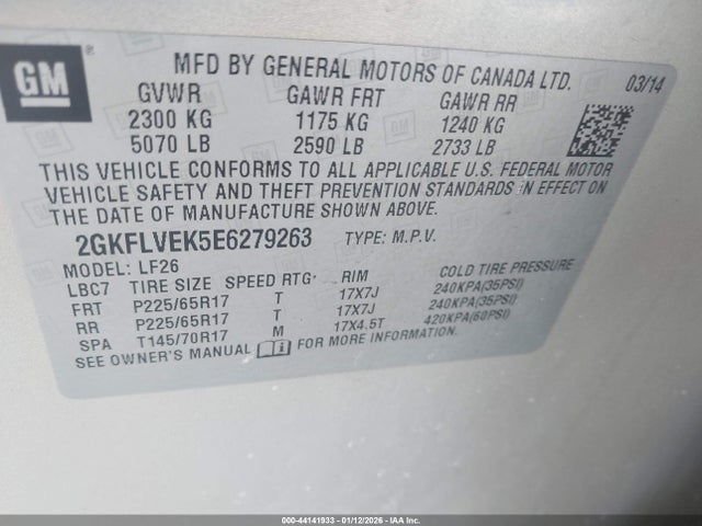 44141933 :رقم المزاد ، 2GKFLVEK5E6279263 vin ، 2014 Gmc Terrain Sle-1 مزاد بيع