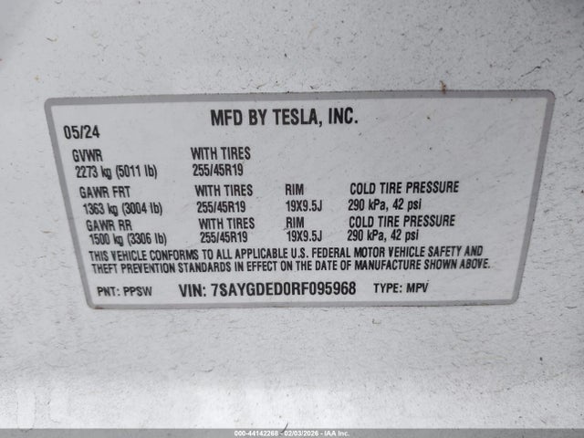 2024 Tesla Model Y Rwd მანქანა იყიდება აუქციონზე, vin: 7SAYGDED0RF095968, აუქციონის ნომერი: 44142268