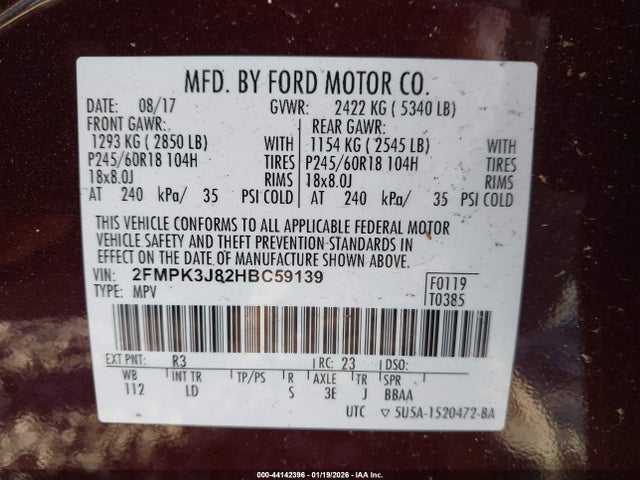 2017 Ford Edge Sel მანქანა იყიდება აუქციონზე, vin: 2FMPK3J82HBC59139, აუქციონის ნომერი: 44142396