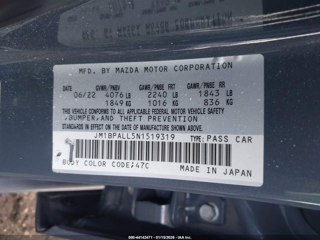 44142471 :رقم المزاد ، JM1BPALL5N1519319 vin ، 2022 Mazda Mazda3 Carbon Edition مزاد بيع