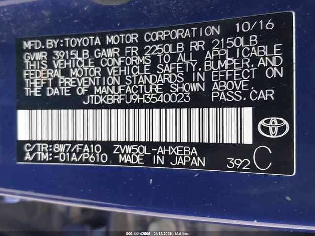 JTDKBRFU9H3540023 Toyota Prius Two