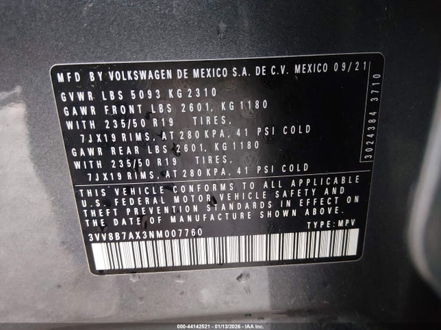 3VV8B7AX3NM007760 Volkswagen Tiguan 2.0t Se R-line Black