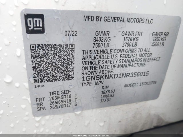 1GNSKNKD1NR356015 Chevrolet Tahoe 4wd Lt