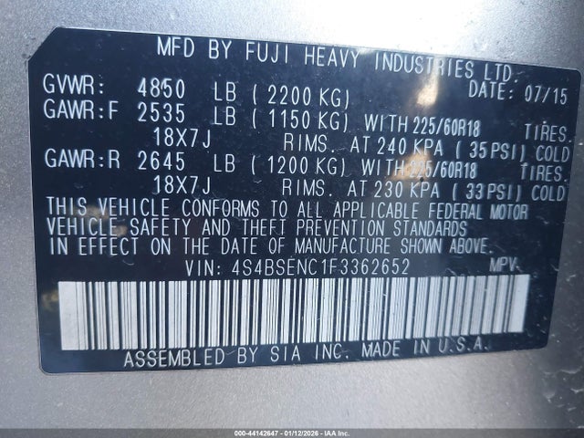 4S4BSENC1F3362652 Subaru Outback 3.6r Limited