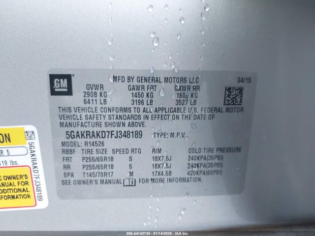 Buick Enclave Convenience 2015 5GAKRAKD7FJ348189 Image 9