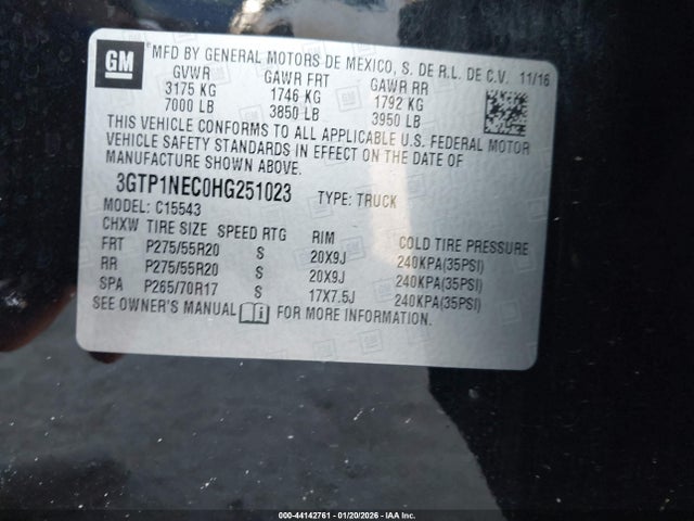 Продаж на аукціоні авто 2017 Gmc Sierra 1500 Slt, vin: 3GTP1NEC0HG251023, номер лоту: 44142761