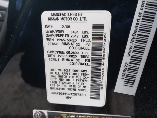 Aukcja sprzedaży 2007 Infiniti Fx35, vin: JNRAS08W37X207880, numer aukcji: 44142885