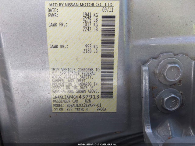 Продаж на аукціоні авто 2012 Nissan Altima 2.5 S, vin: 1N4AL2AP4CN457913, номер лоту: 44142997
