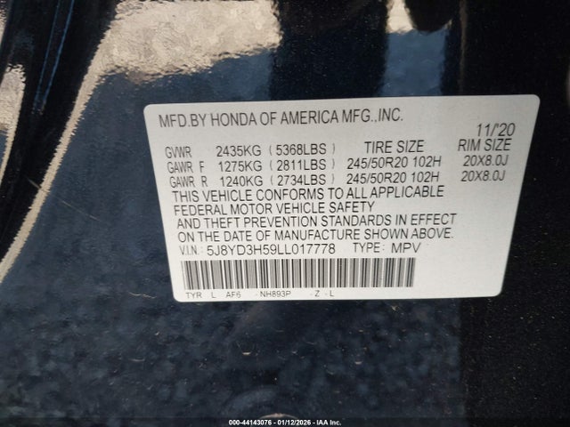 Auction sale of the 2020 Acura Mdx Technology Package, vin: 5J8YD3H59LL017778, lot number: 44143076