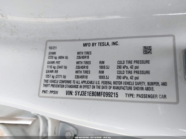 Aukcja sprzedaży 2021 Tesla Model 3 Long Range Dual Motor All-wheel Drive, vin: 5YJ3E1EB0MF099215, numer aukcji: 44143104