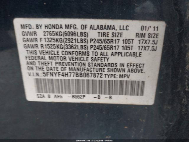 2011 HONDA PILOT 5FNYF4H77BB067872 Photo 8