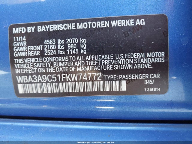 Aukcja sprzedaży 2015 Bmw 335i, vin: WBA3A9C51FKW74772, numer aukcji: 44143113