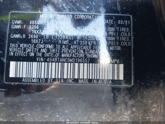 2021 Subaru Outback Limited მანქანა იყიდება აუქციონზე, vin: 4S4BTANC5M3196557, აუქციონის ნომერი: 44143279