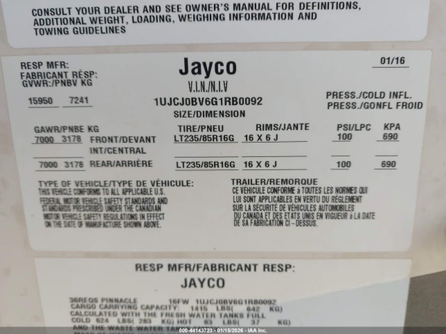Продаж на аукціоні авто 2016 Jayco Pinnacle 36reqs, vin: 1UJCJ0BV6G1RB0092, номер лоту: 44143723