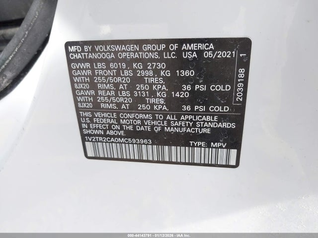 Продаж на аукціоні авто 2021 Volkswagen Atlas 3.6l V6 Sel Premium, vin: 1V2TR2CA0MC593963, номер лоту: 44143791