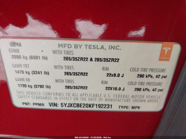 5YJXCBE20KF192231 Tesla Model X 100d/75d/long Range