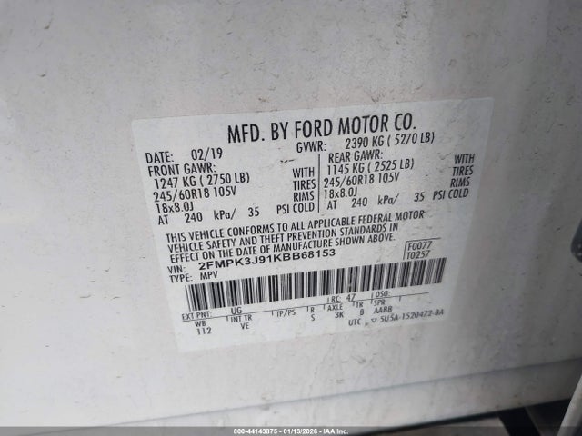 2019 Ford Edge Sel მანქანა იყიდება აუქციონზე, vin: 2FMPK3J91KBB68153, აუქციონის ნომერი: 44143875