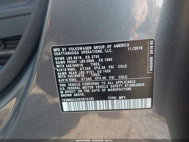 1V2GR2CAXKC514197 Volkswagen Atlas 3.6l V6 S