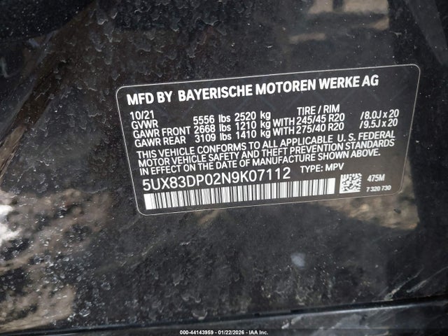 Aukcja sprzedaży 2022 Bmw X3 M40i, vin: 5UX83DP02N9K07112, numer aukcji: 44143959