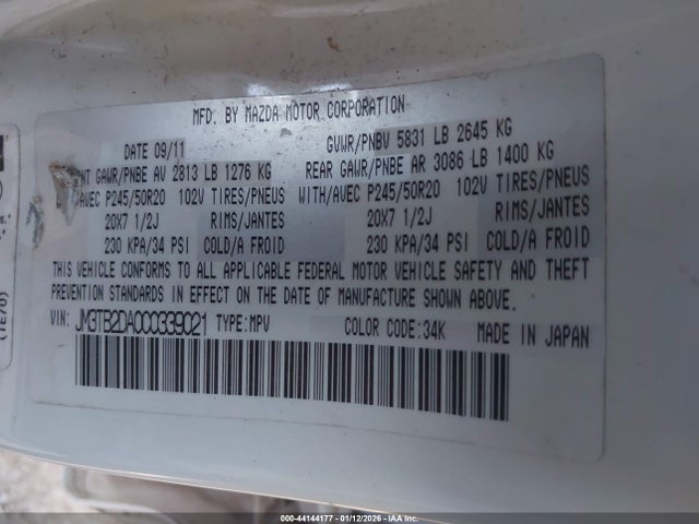 44144177 :رقم المزاد ، JM3TB2DA0C0339021 vin ، 2012 Mazda Cx-9 مزاد بيع