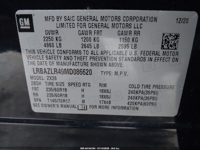 44144194 :رقم المزاد ، LRBAZLR49MD086620 vin ، 2021 Buick Envision Fwd Preferred مزاد بيع
