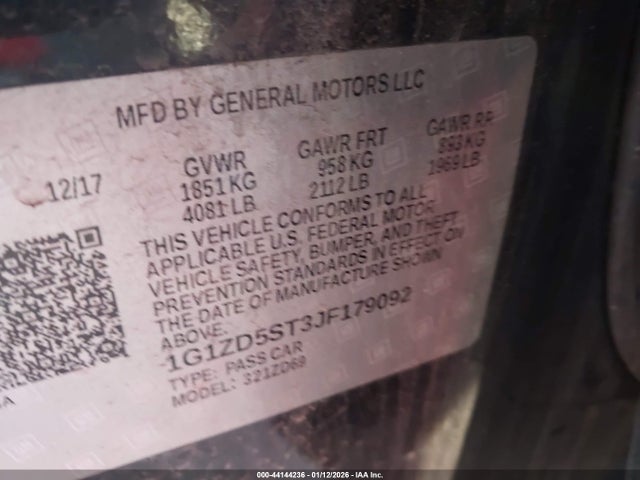 Продаж на аукціоні авто 2018 Chevrolet Malibu Lt, vin: 1G1ZD5ST3JF179092, номер лоту: 44144236